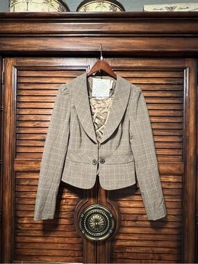 GUESS Y2K Cropped Plaid Blazer Brown Tailored Size Large Office, Formal, Career